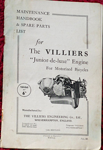 Villiers Junior DeLuxe engine maintenance handbook & spare parts list